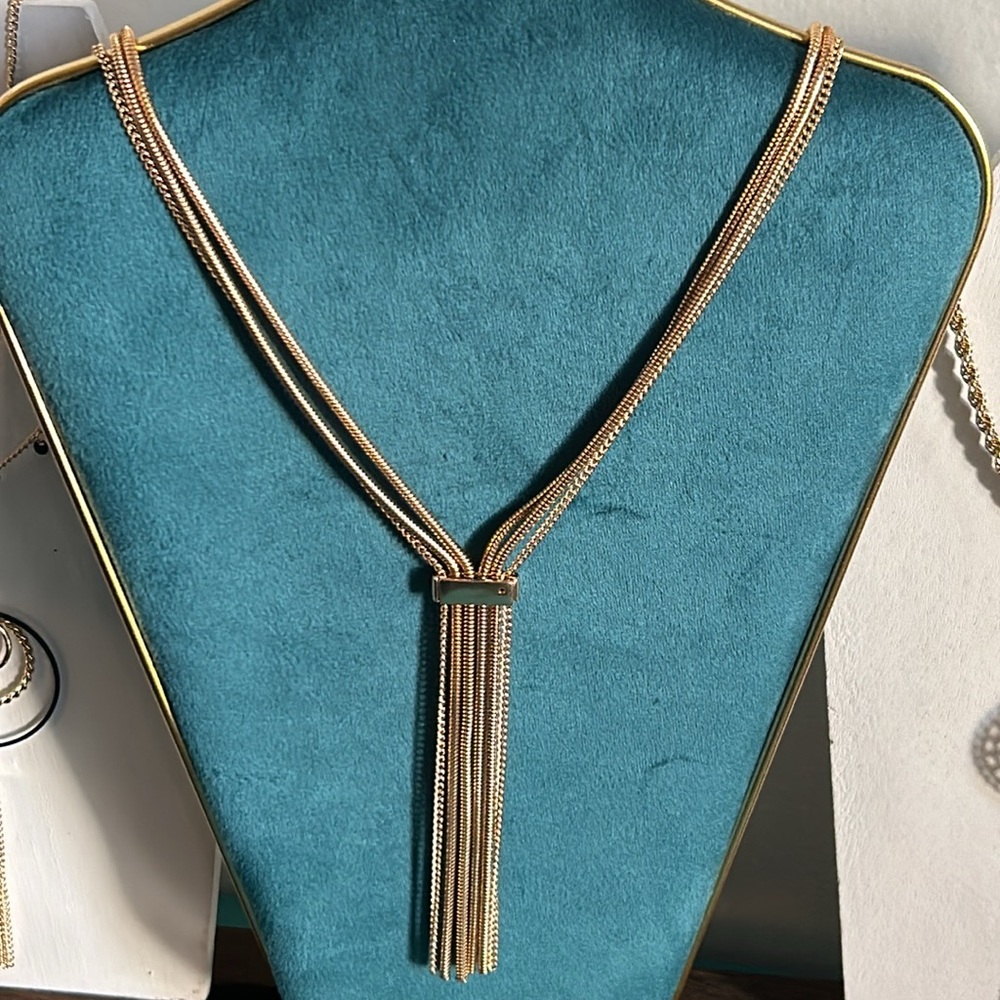 New Statement 3 Strand Long Gold Tone Chain Lariat Fringe Drop Necklace